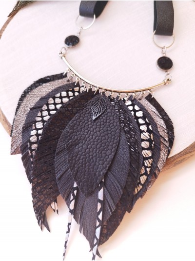 Leather feather necklace,  black bib evening jewelry