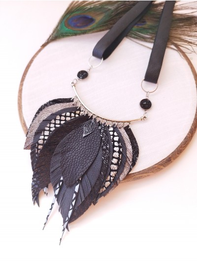 Leather feather necklace,  black bib evening jewelry