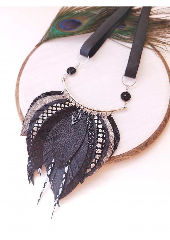  black silver bib leather feather collar 