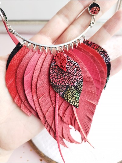 Red leather feather necklace. 
