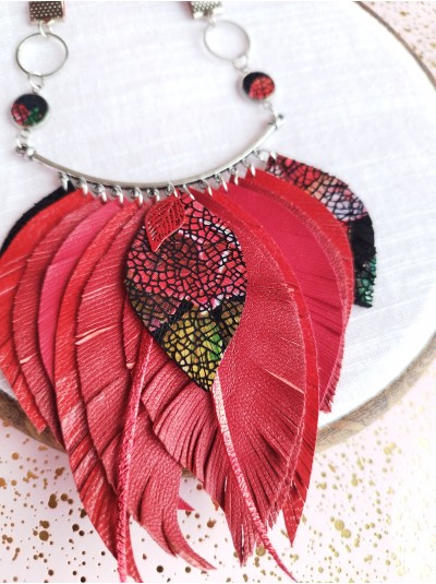 Red leather feather necklace. 