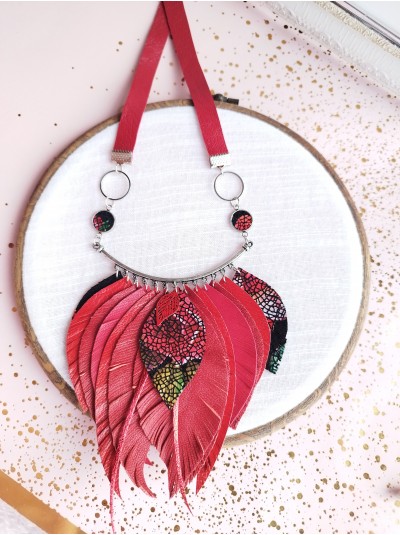 Red leather feather necklace. 