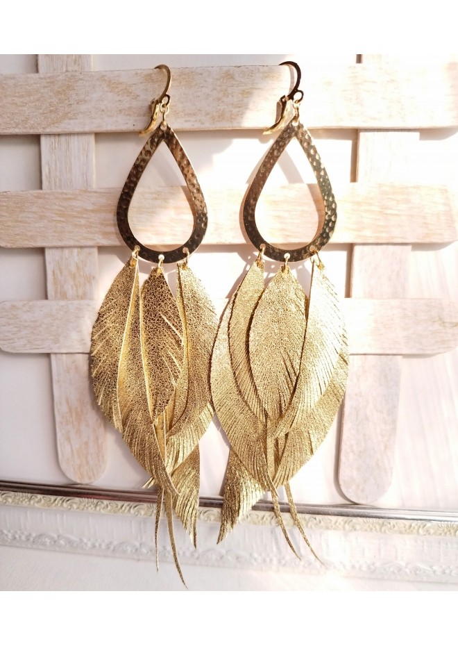 satin gold  long leaf dangle bohemian earrings