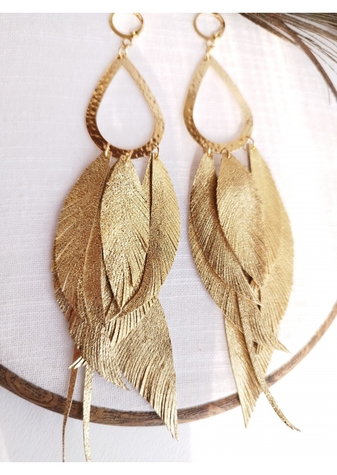 satin gold  long leaf dangle bohemian earrings