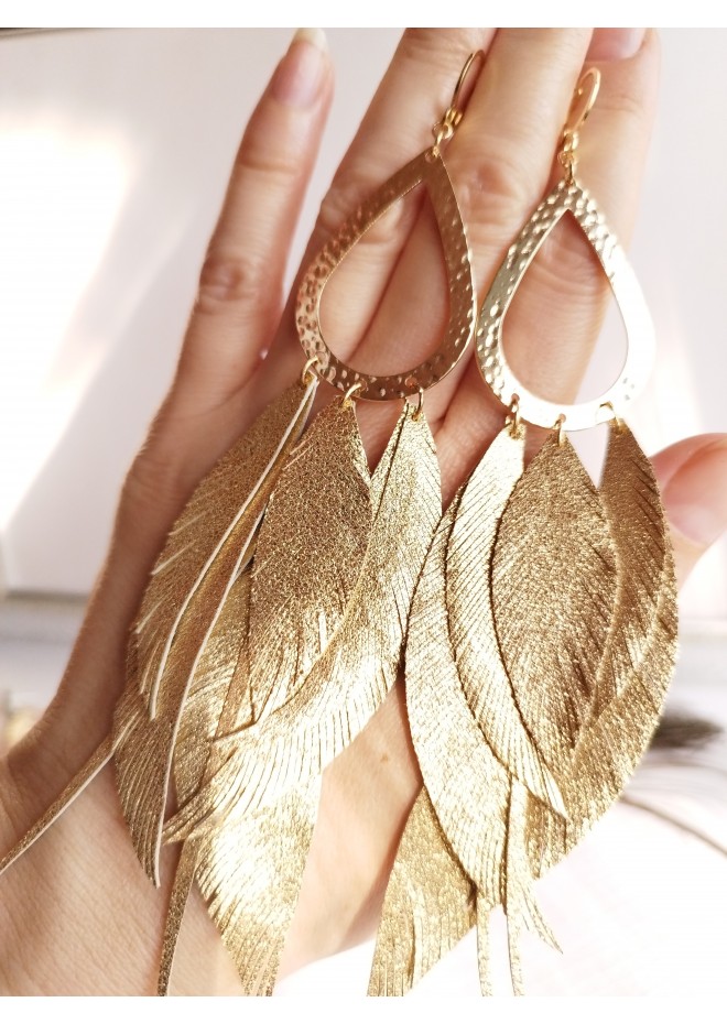 satin gold  long leaf dangle bohemian earrings