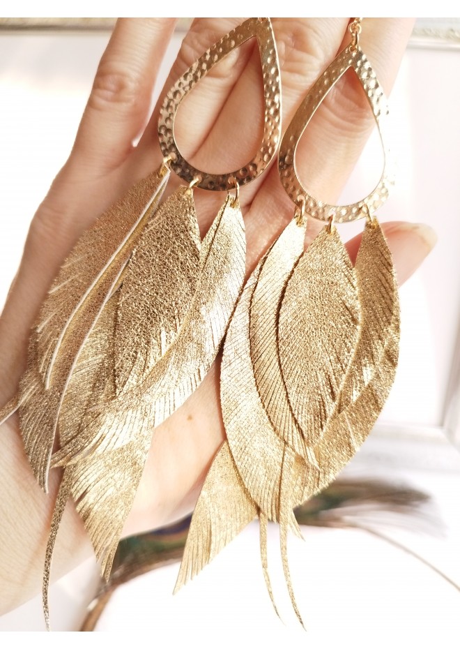 satin gold  long leaf dangle bohemian earrings