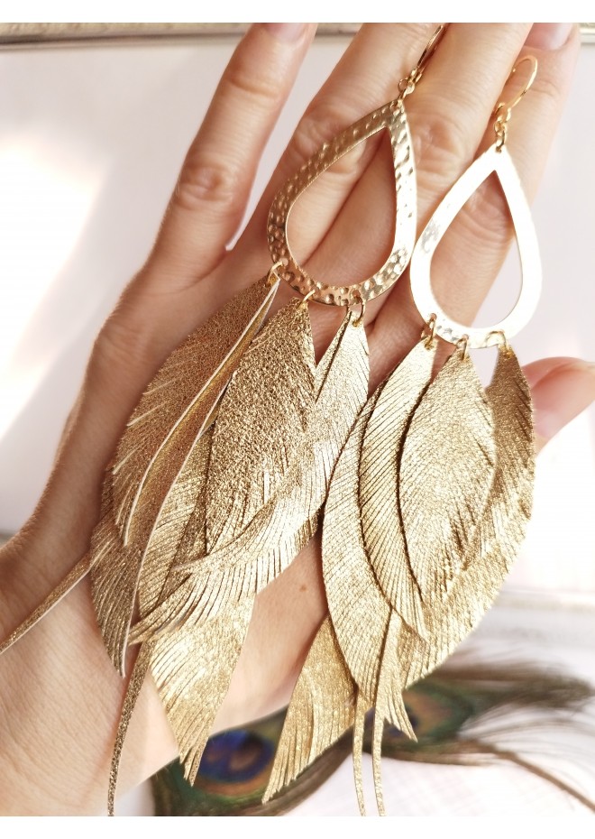 satin gold  long leaf dangle bohemian earrings