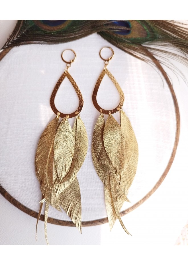 satin gold  long leaf dangle bohemian earrings