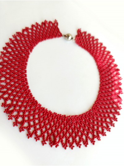Red collar beaded necklace, traditional Ukrainian beaded sylyanka.