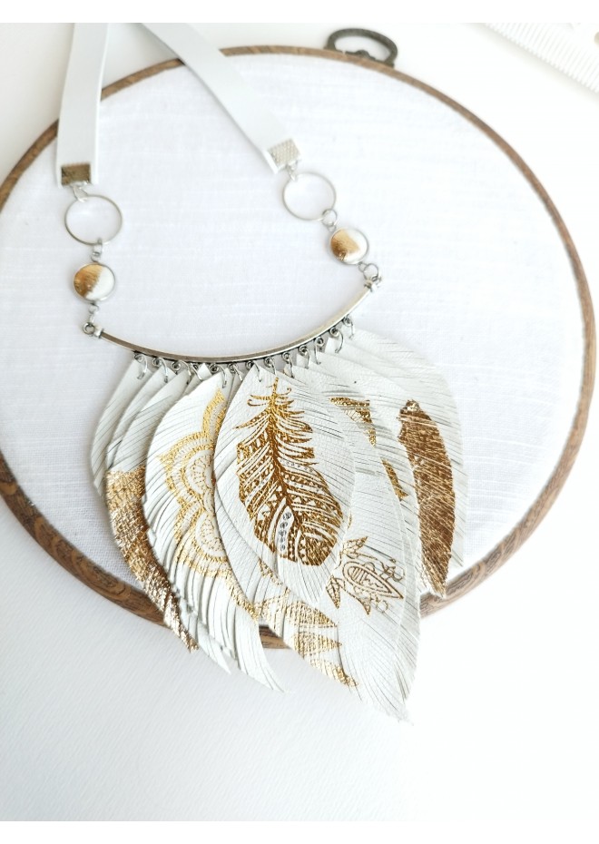 white gold leather feather necklace