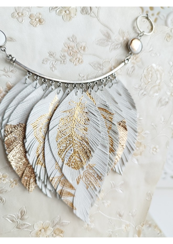 white gold leather feather necklace
