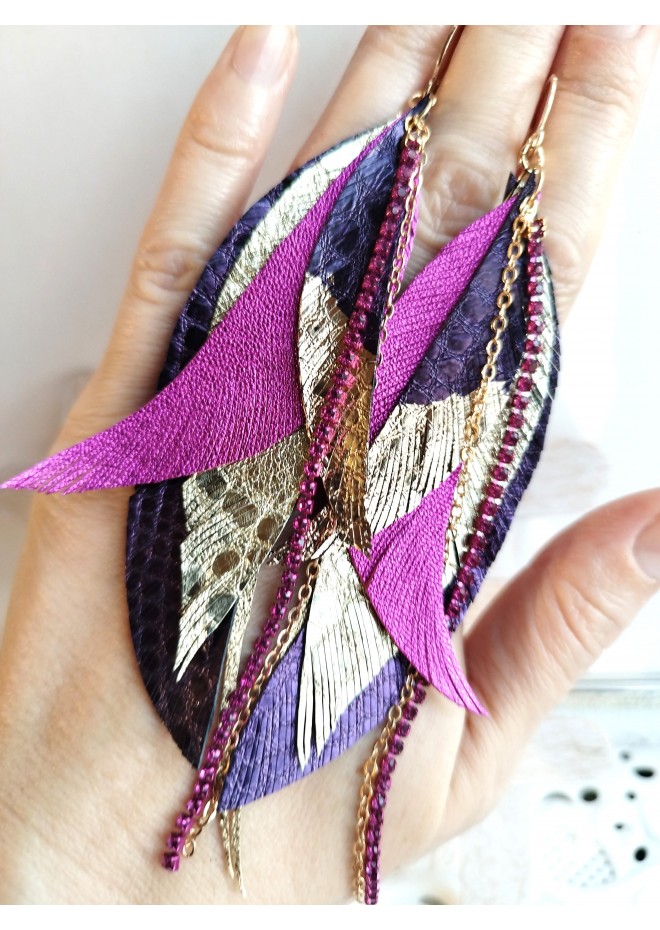Multi layered earrings made from genuine leather