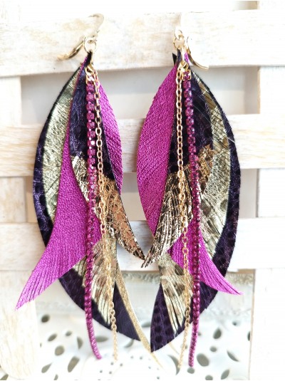 Purple gold leather feather earrings.  