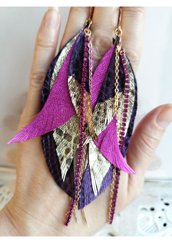 Multi layered earrings made from genuine leather