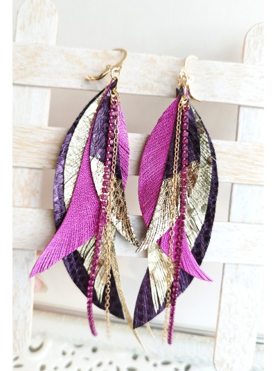 Purple gold leather feather earrings.  