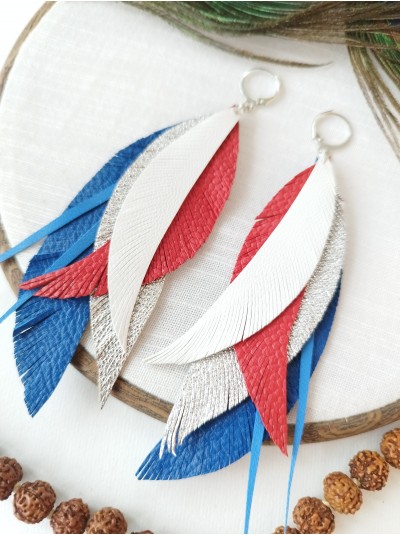 White red blue leather feather earrings.  