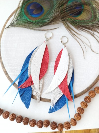 White red blue leather feather earrings.  