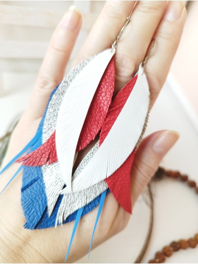 White red blue leather feather earrings.  