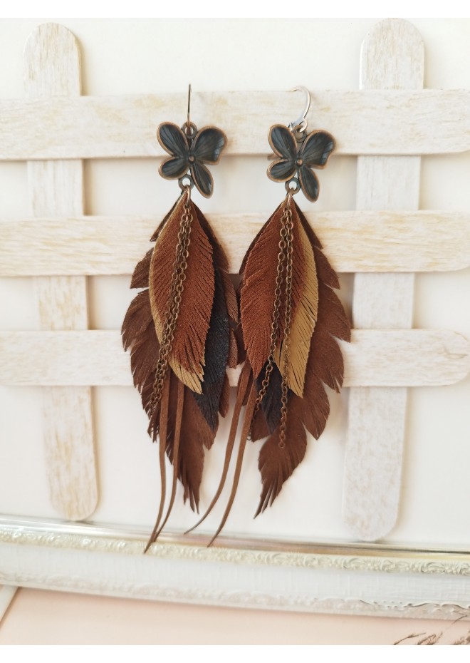 dark brown leather feather earrings brass flower connector , genuine leather jewelry 