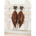 dark brown leather feather earrings brass flower connector , genuine leather jewelry 