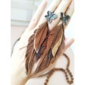 dark brown leather feather earrings brass flower connector , genuine leather jewelry 