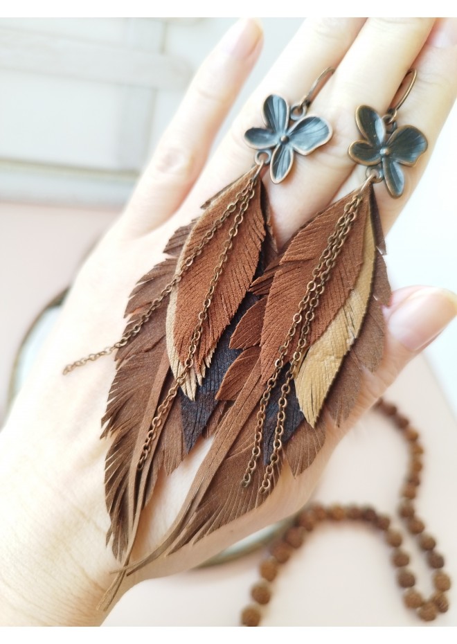 dark brown leather feather earrings brass flower connector , genuine leather jewelry 
