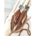 dark brown leather feather earrings brass flower connector , genuine leather jewelry 