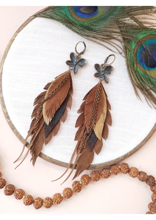 dark brown leather feather earrings brass flower connector , genuine leather jewelry 