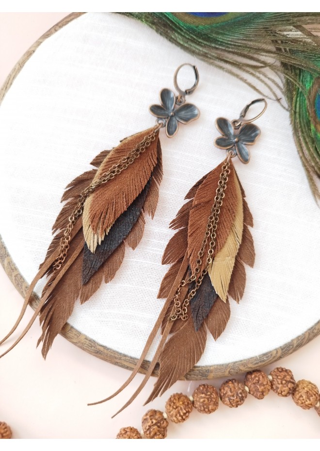 dark brown leather feather earrings brass flower connector , genuine leather jewelry 