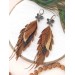 dark brown leather feather earrings brass flower connector , genuine leather jewelry 