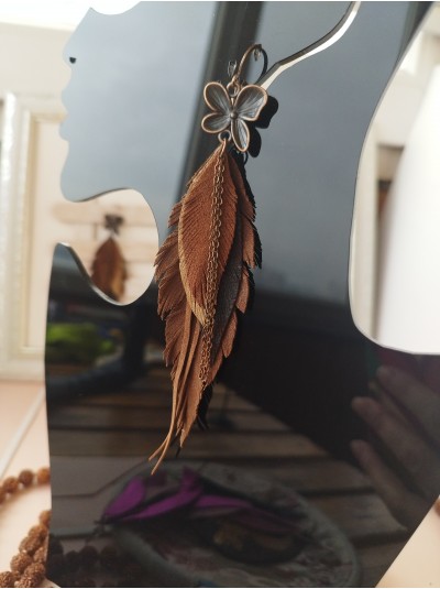 Brown leather feather earrings with chain.