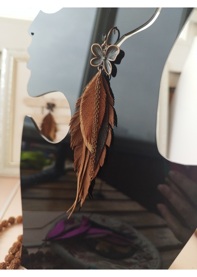 dark brown leather feather earrings brass flower connector , genuine leather jewelry 