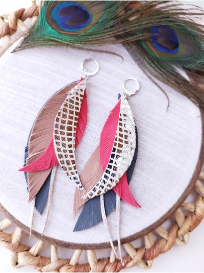 Red gray leather feather earrings.  