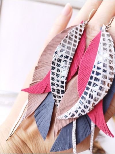 Red gray leather feather earrings.  