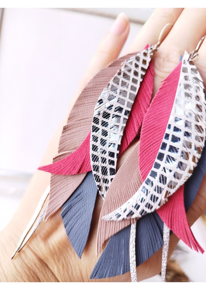 Multi layered earrings made from genuine leather