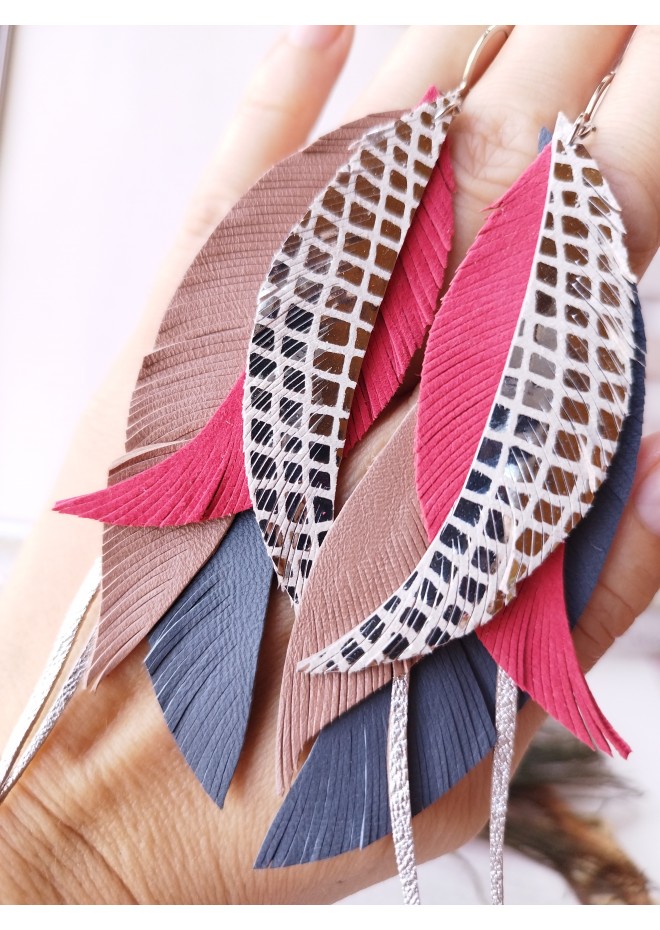 Multi layered earrings made from genuine leather