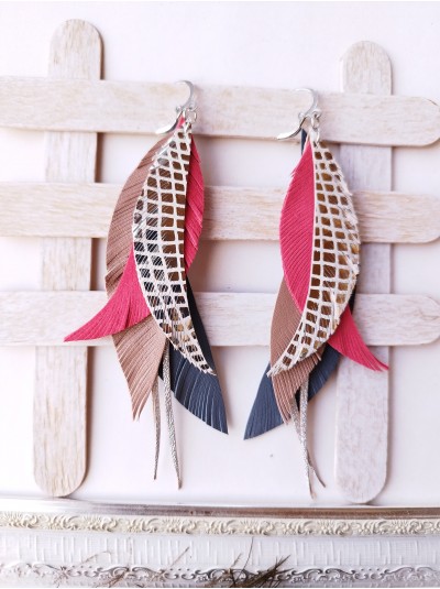 Red gray leather feather earrings.  