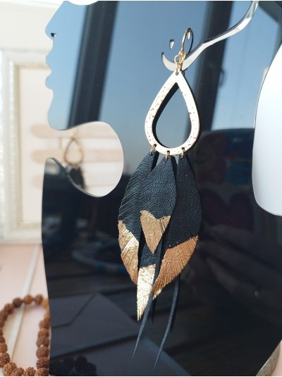 Black gold extra long leather feather earrings.