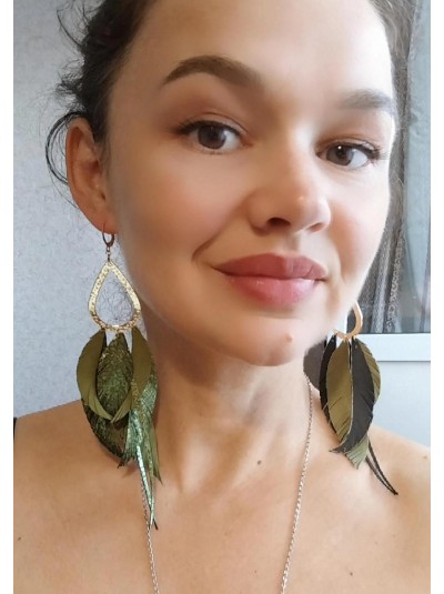 Olive gold extra long leather feather earrings.