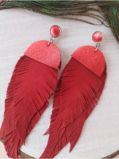 Red extra long suede feather earrings. 