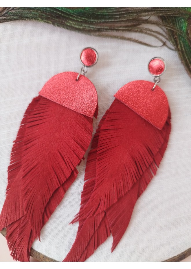 extra long  large feather red leather earrings 