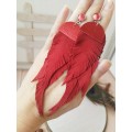 extra long  large feather red leather earrings 