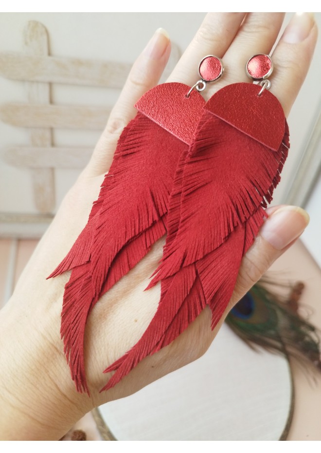 extra long  large feather red leather earrings 