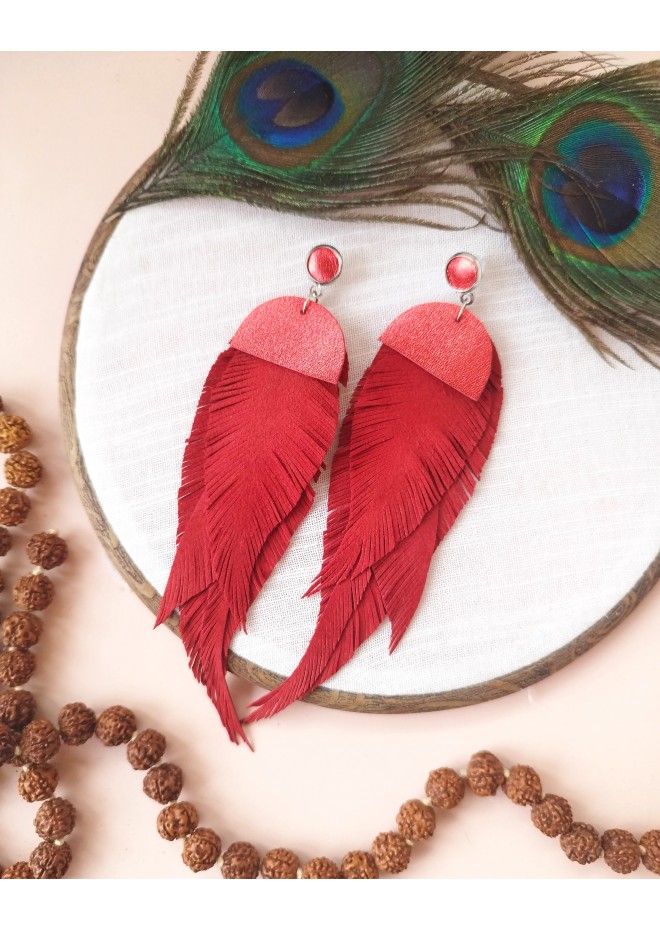 extra long  large feather red leather earrings 