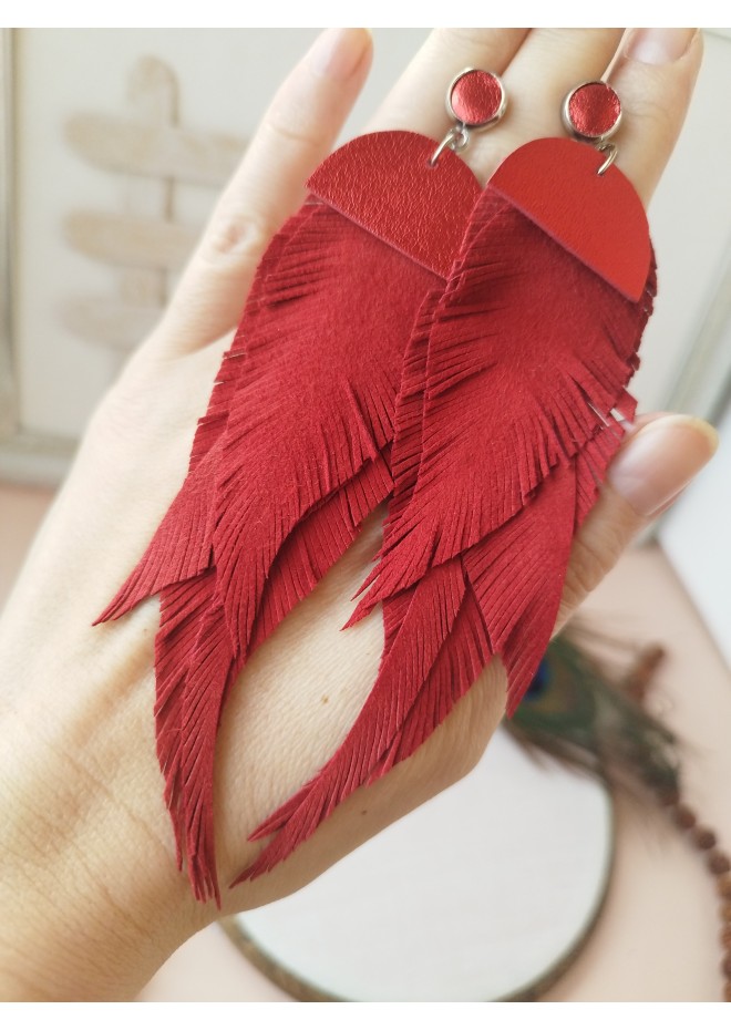 extra long  large feather red leather earrings 