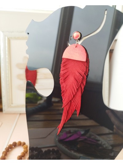 Red extra long suede feather earrings. 