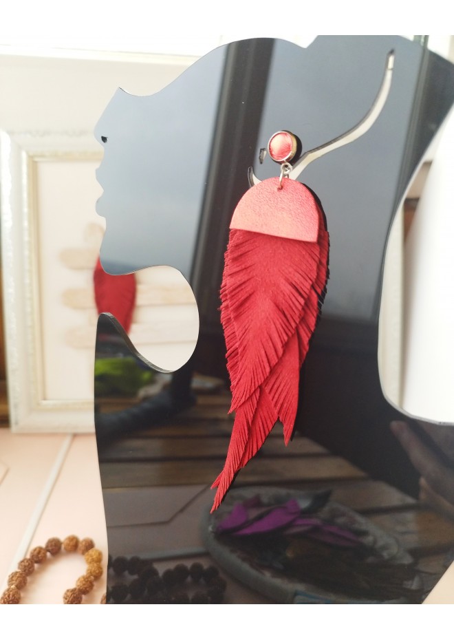 extra long  large feather red leather earrings 