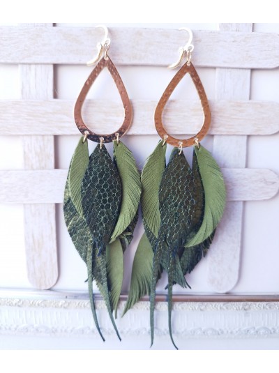 Olive gold extra long leather feather earrings.