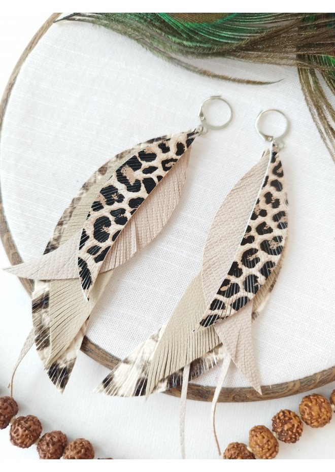 Multi layered earrings made from genuine leather