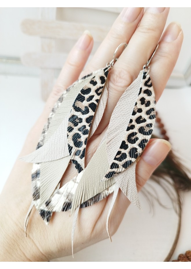 Multi layered earrings made from genuine leather